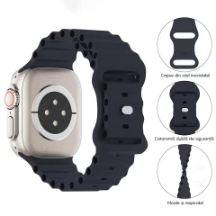Curea Silicon Ocean Loop compatibila cu Apple Watch SE/9/8/7/6/5/4/3/2/1 - 38/40/41MM CASEY STUDIOS™, Ajustabila, Respirabila, Silicon moale placut la atingere Albastru Inchis