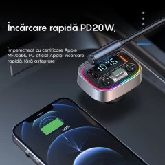 Modulator FM G02 LAGATO, Bluetooth 5.3, Transmitator FM cu Incarcare, 2 x port USB, Port USB Type-C, Fast Charge, compatibil cu orice Device, Afisaz LED, Lumini RGB Negru