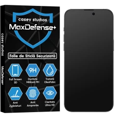 Folie Sticla CASEY STUDIOS pentru iPhone 15 Pro Max, MaxDefense+ Matte, Full Glue, Sticla Securizata, Duritate Militara, Ultra HD, Protectie Profesionala Ecran 3D, Anti Zgarieturi, Anti Socuri Negru