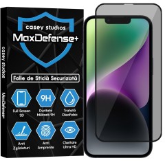 Folie Sticla CASEY STUDIOS pentru iPhone 14, MaxDefense+ Privacy, Full Glue, Sticla Securizata, Duritate Militara, Ultra HD, Protectie Profesionala Ecran 3D, Anti Zgarieturi, Anti Socuri