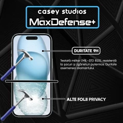 Folie Sticla CASEY STUDIOS pentru iPhone 15 Plus, MaxDefense+ Privacy, Full Glue, Sticla Securizata, Duritate Militara, Ultra HD, Protectie Profesionala Ecran 3D, Anti Zgarieturi, Anti Socuri Negru