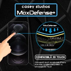 Folie Sticla CASEY STUDIOS pentru iPhone 12 Pro Max, MaxDefense+ Classic, Full Glue, Sticla Securizata, Duritate Militara, Ultra HD, Protectie Profesionala Ecran 3D, Anti Zgarieturi, Anti Socuri Transparent