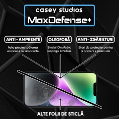 Folie Sticla CASEY STUDIOS pentru iPhone 14 Plus, MaxDefense+ Classic, Full Glue, Sticla Securizata, Duritate Militara, Ultra HD, Protectie Profesionala Ecran 3D, Anti Zgarieturi, Anti Socuri Transparent