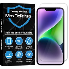 Folie Sticla CASEY STUDIOS pentru iPhone 14, MaxDefense+ Classic, Full Glue, Sticla Securizata, Duritate Militara, Ultra HD, Protectie Profesionala Ecran 3D, Anti Zgarieturi, Anti Socuri
