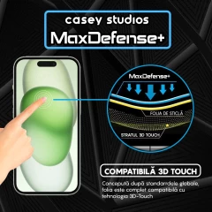 Folie Sticla CASEY STUDIOS pentru iPhone 15, MaxDefense+ Classic, Full Glue, Sticla Securizata, Duritate Militara, Ultra HD, Protectie Profesionala Ecran 3D, Anti Zgarieturi, Anti Socuri Transparent