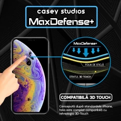 Folie Sticla CASEY STUDIOS pentru iPhone X / XS, MaxDefense+ Classic, Full Glue, Sticla Securizata, Duritate Militara, Ultra HD, Protectie Profesionala Ecran 3D, Anti Zgarieturi, Anti Socuri Transparent