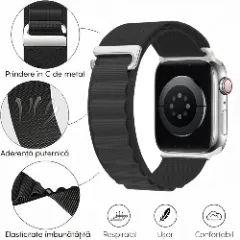 Curea Nailon Alpine Loop compatibila cu Apple Watch Ultra 2/Ultra/SE/9/8/7/6/5/4/3/2/1 - 38/40/41MM CASEY STUDIOS, Ajustabila, Respirabila Negru