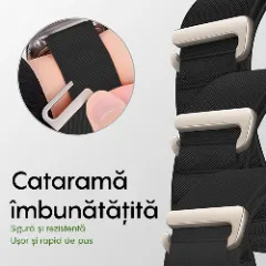 Curea Nailon Alpine Loop compatibila cu Apple Watch Ultra 2/Ultra/SE/9/8/7/6/5/4/3/2/1 - 38/40/41MM CASEY STUDIOS, Ajustabila, Respirabila Negru