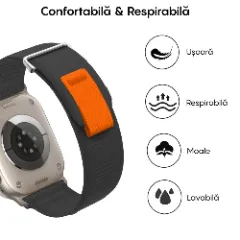 Curea Nailon Trail compatibila cu Apple Watch SE/9/8/7/6/5/4/3/2/1 - 38/40/41MM CASEY STUDIOS, Ajustabila, Respirabila, Material Textil Casey Negru