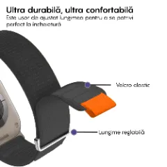 Curea Nailon Trail compatibila cu Apple Watch SE/9/8/7/6/5/4/3/2/1 - 38/40/41MM CASEY STUDIOS, Ajustabila, Respirabila, Material Textil Casey Negru