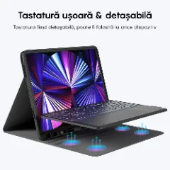 Husa cu Tastatura Iluminata si TouchPad compatibila cu Apple iPad Pro 13 2024, CASEY STUDIOS, Tastatura Iluminata RGB in 7 Culori, Wireless, Bluetooth 5.3, Unghiuri Ajustabile, Port USB-C, Cablu Type-C, Suport Stylus Pen, Negru Negru