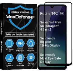 Folie Sticla CASEY STUDIOS pentru Xiaomi Redmi 14C 5G, Full Glue, Sticla Securizata, Duritate Militara, Ultra HD, Protectie Profesionala Ecran 3D, Anti Zgarieturi, Anti Socuri Transparent