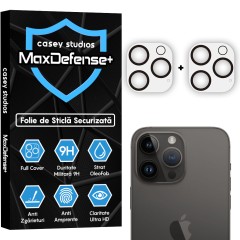 Set 2x Folie Sticla Camera pentru Apple iPhone 16 Pro Max / 16 Pro, CASEY STUDIOS™ MaxDefense+, Protectie Securizata, Duritate 9H, Full Cover, Anti Zgarieturi, Ultra HD, Protectie Profesionala Camere 3D, Anti Zgarieturi, Anti Socuri