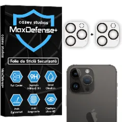 Set 2x Folie Sticla Camera pentru Apple iPhone 16 Pro Max / 16 Pro, CASEY STUDIOS™ MaxDefense+, Protectie Securizata, Duritate 9H, Full Cover, Anti Zgarieturi, Ultra HD, Protectie Profesionala Camere 3D, Anti Zgarieturi, Anti Socuri Transparent