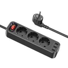 Prelungitor 3x USB, 3x priza, 1.8m HOCO NS2 - Negru