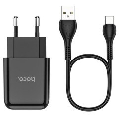 Kit Incarcator Priza USB-A, 10W, 2.1A + Cablu USB-A to USB TYPE-C 1.0m HOCO (N2 Vigour) - Negru