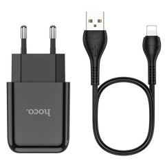 Kit Incarcator Priza USB-A, 10W, 2.1A + Cablu USB-A to Lightning 1.0m HOCO (N2 Vigour) - Negru