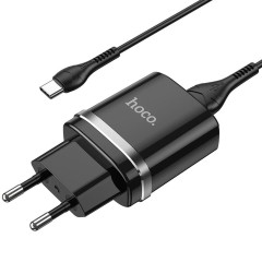 Kit Incarcator Priza USB-A, 10W, 2.4A + Cablu USB-A to USB TYPE-C 1.0m HOCO (N1 Ardent) - Negru
